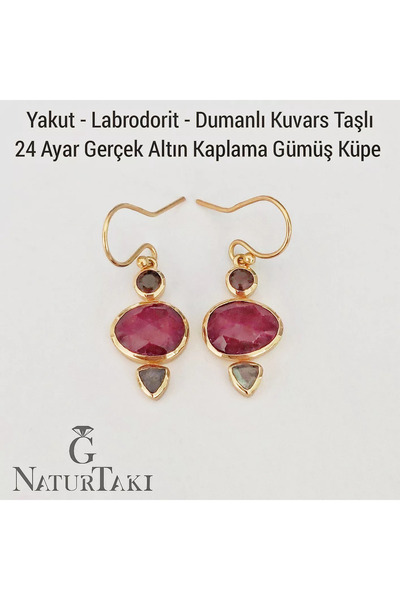 Naturtakı Yakut Dumanlı Kuvars Labrodorit Taşlı 24 Ayar Çıkmaz Saf Altın Kapl...