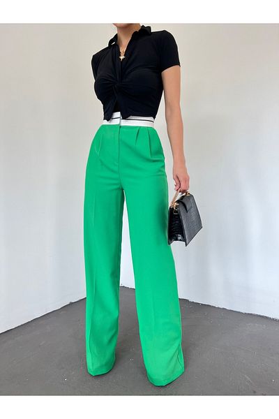 Modamorfo Reverse Belted Velcro Waist Loose Trousers -Green