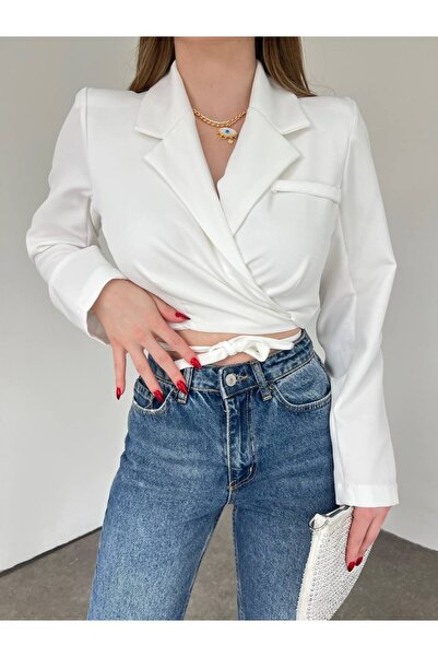 Modamorfo Μπουφάν Crop με κορδόνια στη μέση - λευκό