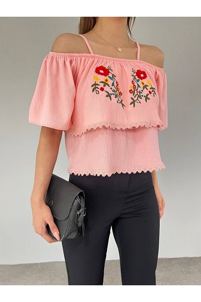 Modamorfo Mit Rosen besticktes T-Shirt mit Schnürbändern