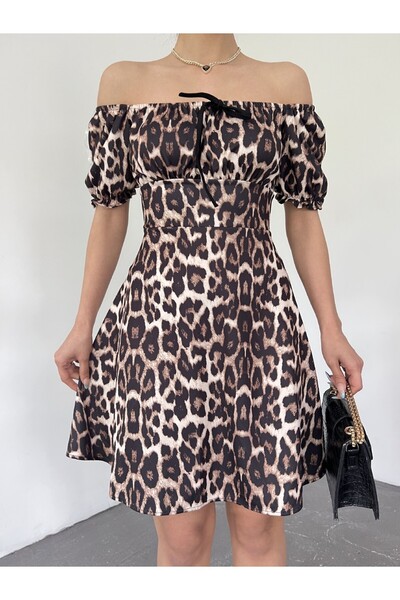 Modamorfo Leopard Print Mini Dress with Elastic Neckline and Lacing Detail