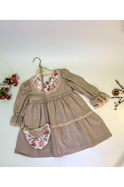 Wecan Bebitoo Bej Renkli Fırfır Katlı Fisto Detaylı Çiçekli Kız Çocuk Elbise