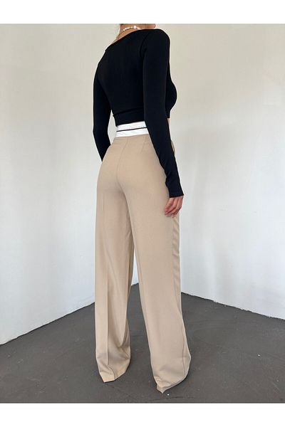 Modamorfo Μπεζ φαρδύ παντελόνι με ανάποδη ζώνη και Velcro