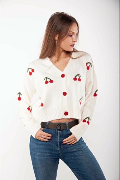 KYLE XM Women's Ecru Cherry Cardigan