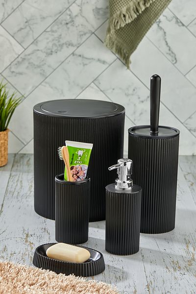 Homie Line 5 Pieces Round Bathroom Set - Trash Can Wc Brush Liquid-Solid Soap Dispenser Toothbrush