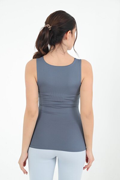 CİDDE Dark Grey Basic Square Neck Lycra Tank Top - Thick Straps Sleeveless