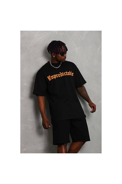 New Shine Unisex Oversize εμπριμέ μπλουζάκι με λαιμόκοψη - Μαύρο