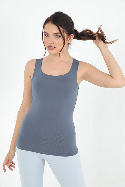 CİDDE Dark Grey Basic Square Neck Lycra Tank Top - Thick Straps Sleeveless