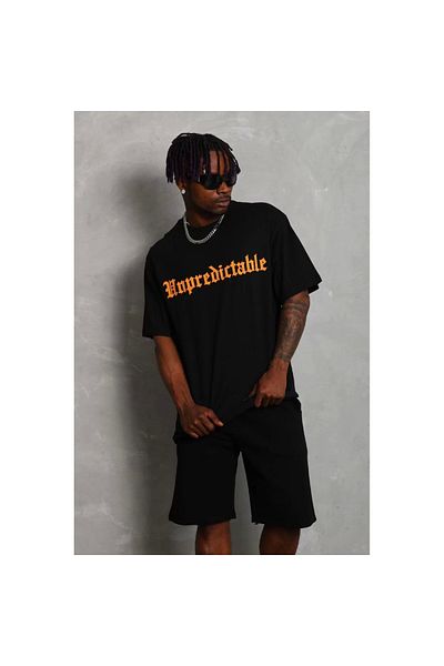 New Shine Unisex Oversize εμπριμέ μπλουζάκι με λαιμόκοψη - Μαύρο