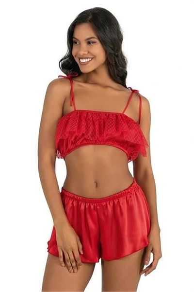 DEFNADA 9206 Model Red Satin Shorts Set