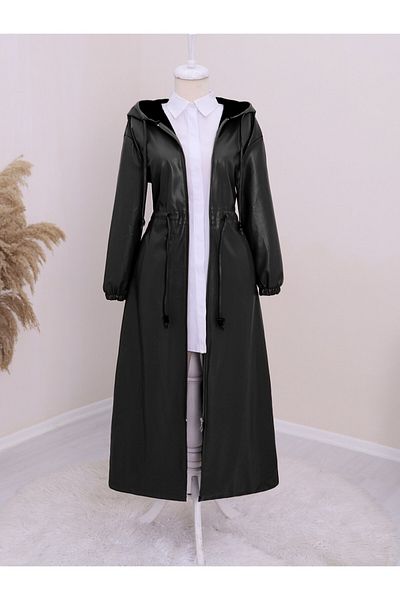 Modamorfo Tunnel Lace-up Hooded Zipped Long Leather Cap -schwarz