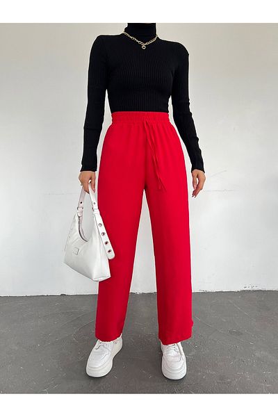 Modamorfo Elastic Waist Lace Detailed Ayrobin Trousers -Red