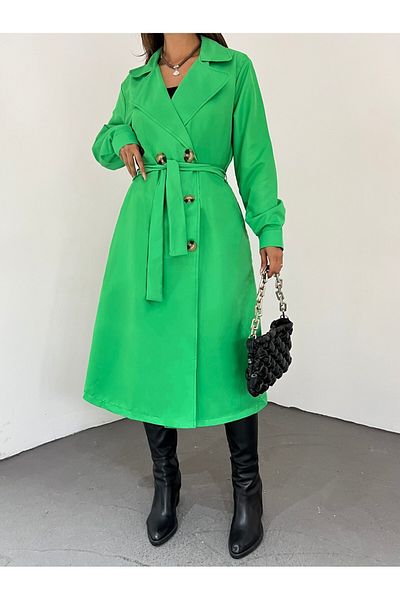Modamorfo Double Button Belted Long Trench Coat
