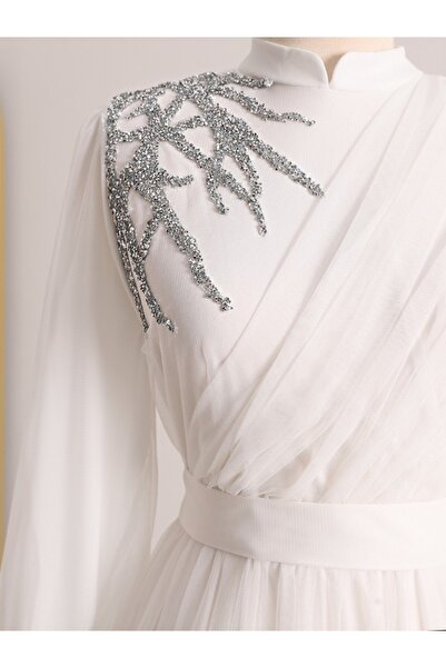 Modamorfo Draped Belted Tulle Evening Dress with Stone Detail on the Front