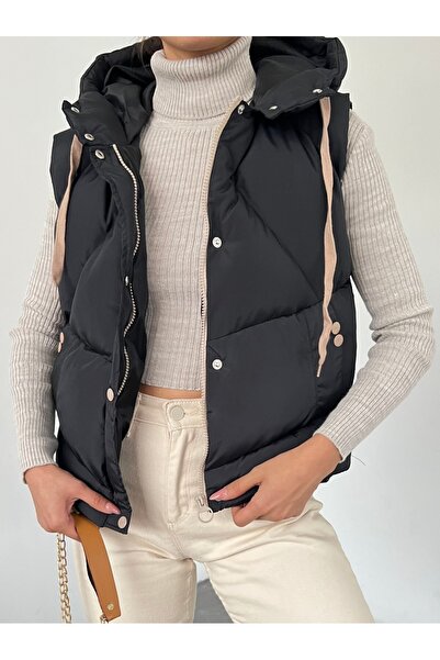 Modamorfo Σταθερό φουσκωτό γιλέκο με κουκούλα και φερμουάρ - μαύρο