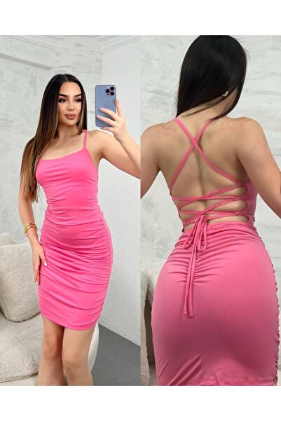 butik terapi likralı Sandy kumaş sırt dekolte elbise