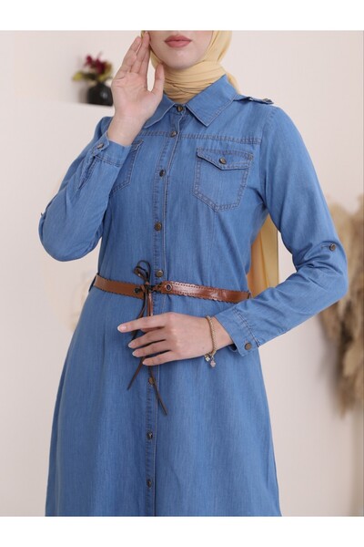 Modamorfo Modré džínové šaty - dlouhé knoflíky a pásek