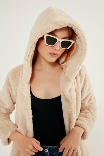 MEECY Γυναικείο Γούνινο Παλτό Κρεμ Λούτρινο με Κουκούλα