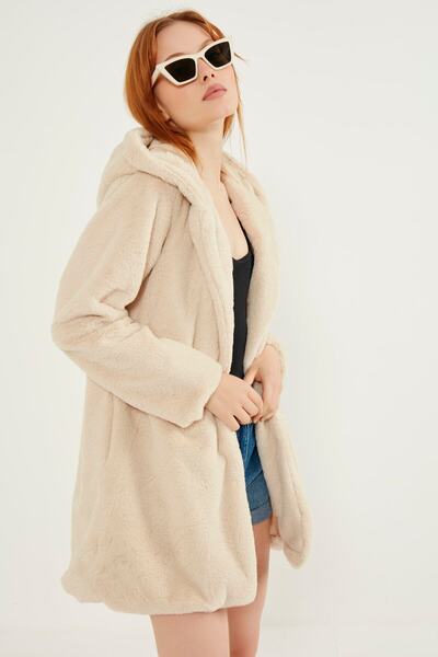 MEECY Γυναικείο Γούνινο Παλτό Κρεμ Λούτρινο με Κουκούλα