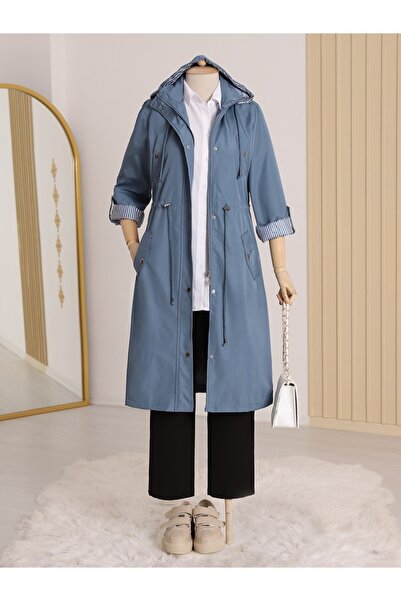 Modamorfo Astarı Çizgili Trençkot -indigo