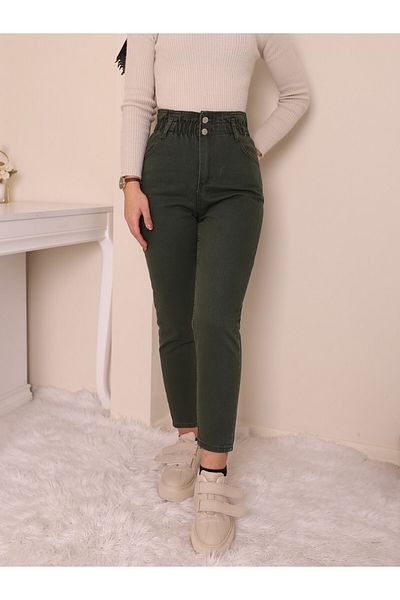 Modamorfo Khaki Jeans with High Waist and Elastic Waist