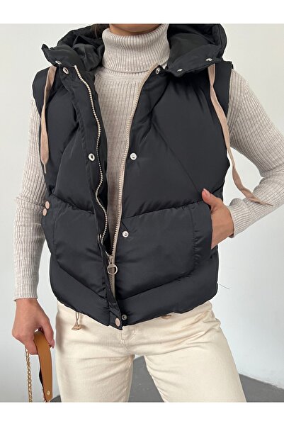 Modamorfo Надувний жилет з фіксованим капюшоном, застібкою-блискавкою та кнопками - чорний