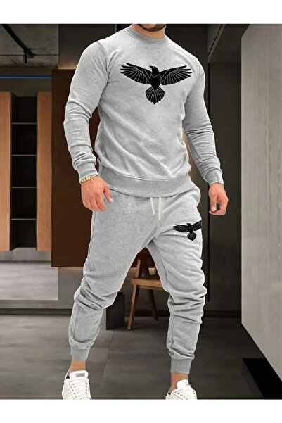 LAND MODA Grey Eagle Print Oversize Jogger Sweatshirt and Sweatpants Set - Cr...