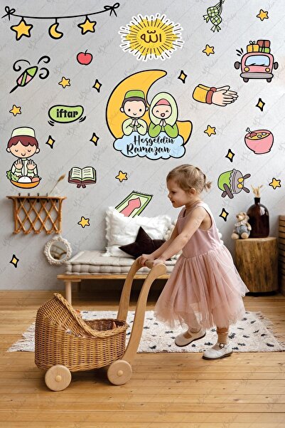 MSticker Hoşgeldin Ramazan Çocuk Odası Cam Duvar Sticker Seti Dua Eden Çocukl...