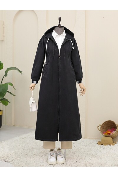 Modamorfo Önü Pliseli Yanı Lastikli Kapşonlu Kot Kap -siyah