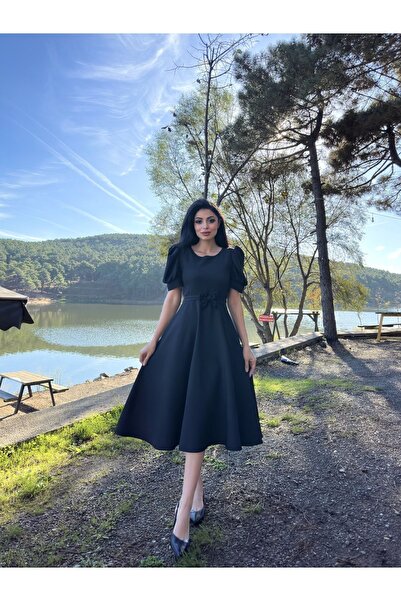 KÜÇÜĞÜM BUTİK Siyah Karpuz Kol Kloş Midi Boy Krep Elbise