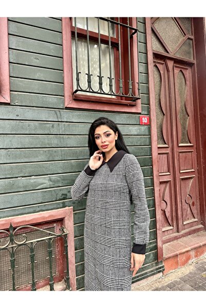 KÜÇÜĞÜM BUTİK Černé vzorované bavlněné kostkované šaty A-line