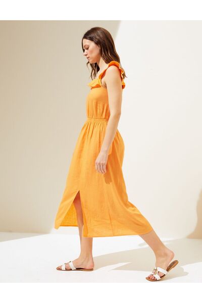 Marks & Spencer Fırfır Detaylı Midi Keten Elbise