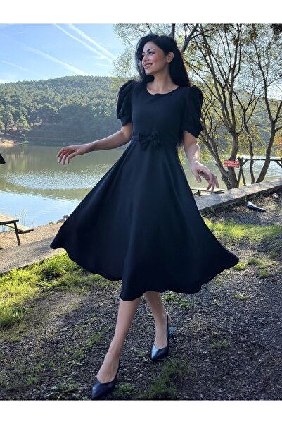 KÜÇÜĞÜM BUTİK Siyah Karpuz Kol Midi Boy Kloş Krep Elbise