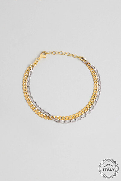 So CHIC... İtalyan 18 Ayar Sarı Ve Beyaz Altın Kaplama 19 Cm Gümüş Zincir Bileklik