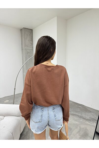 BİKELİFE Γυναικείο φούτερ σε καφέ Oversize Crop