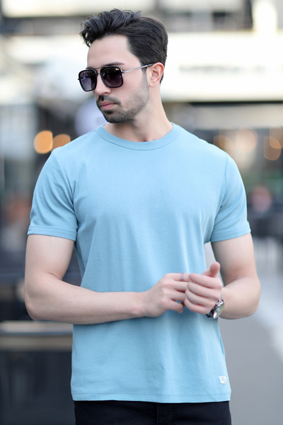 JB John Borners Tricou bărbați din bumbac cu nervuri cu guler rotund albastru deschis - 2143