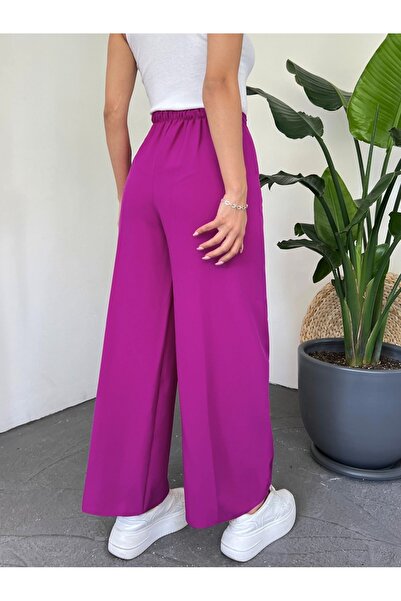 Modamorfo Doppelte Hose mit weitem Bein und Schnürung an der Taille – Fuchsia