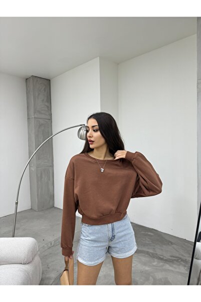BİKELİFE Γυναικείο φούτερ σε καφέ Oversize Crop