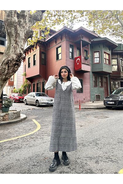 KÜÇÜĞÜM BUTİK Black Patterned Cotton Plaid Long Winter V-Neck Gilet Dress