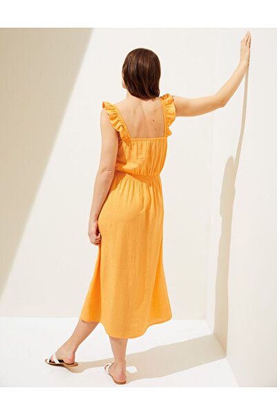 Marks & Spencer Fırfır Detaylı Midi Keten Elbise