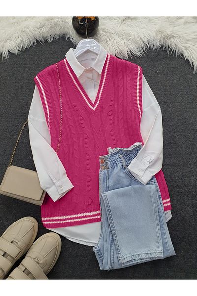 Modamorfo Fuchsia V-Neck Striped Winter Sweater