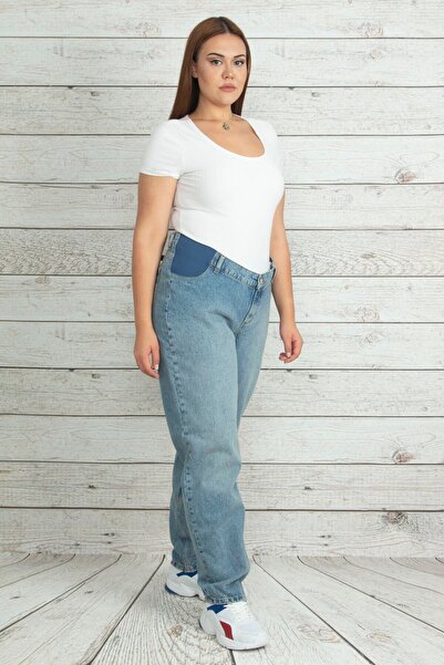 Şans Women's Large Size Blue Jeans with Elastic Waist Detail 65n19884