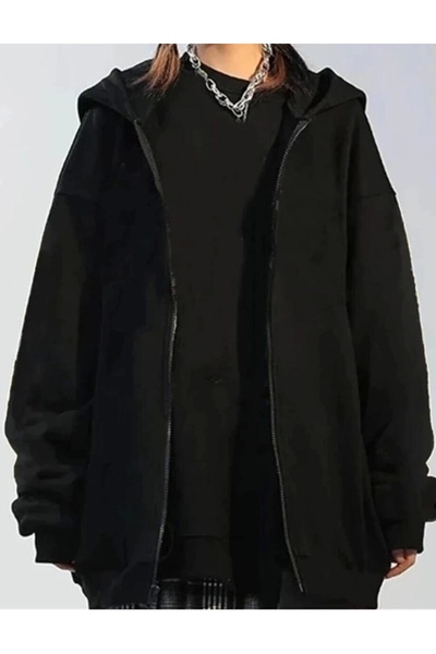 Violon Düz Siyah Unisex Oversize (3 İPLİK) Kalın Kışlık Içi Polarlı Hırka