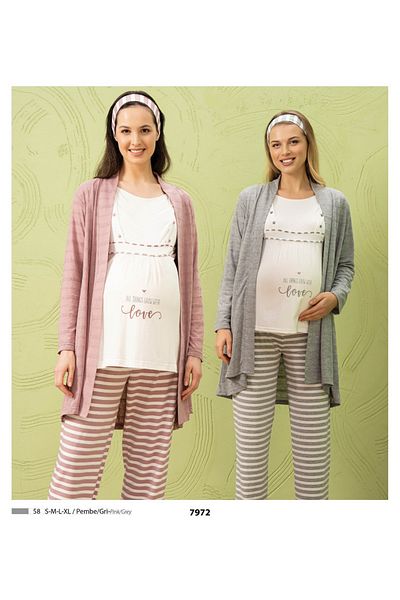 Reyhanlar Women's Summer Combed Cotton Long Sleeve Maternity Maternity Triple Set