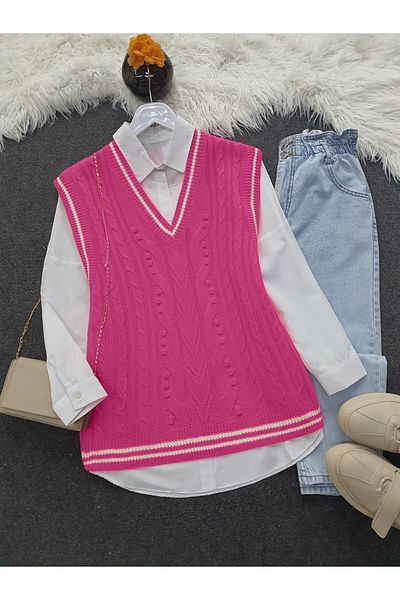 Modamorfo Fuchsia V-Neck Striped Winter Sweater