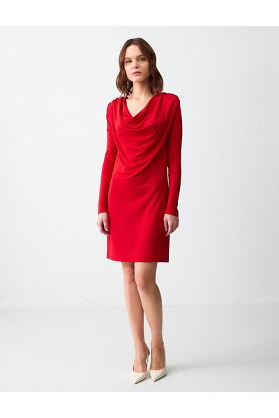 Jimmy Key Rochie mini tricotată cu mânecă lungă cu guler roșu