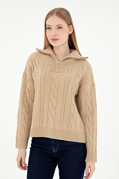 U.S. Polo Assn. Kadın Kum Melanj V Yaka Fermuarlı Kazak 50297118-VR123