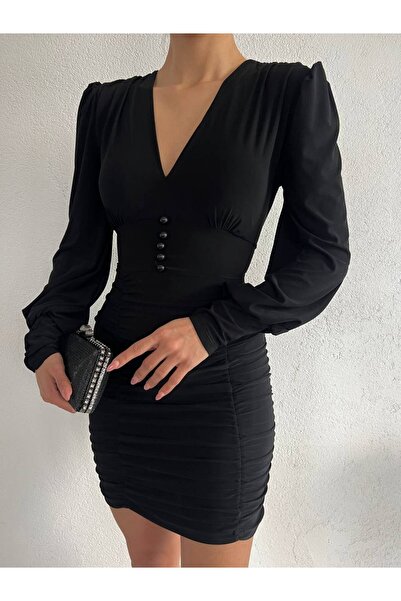 Modamorfo Lastikli Düğmeli V Yaka Sandy Mini Elbise -siyah