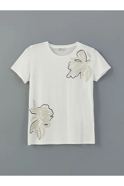 LC Waikiki Lcwaikiki Classic Ecru Crew Neck Floral Women's T-Shirt