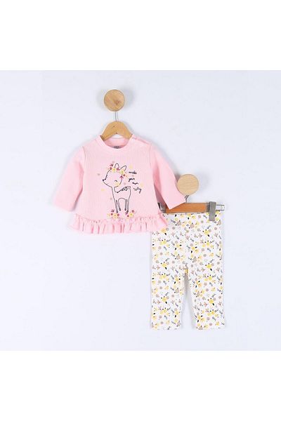 VALERY Baby Girl Deer Patterned Ruffled Pink Double Bottom Top Set